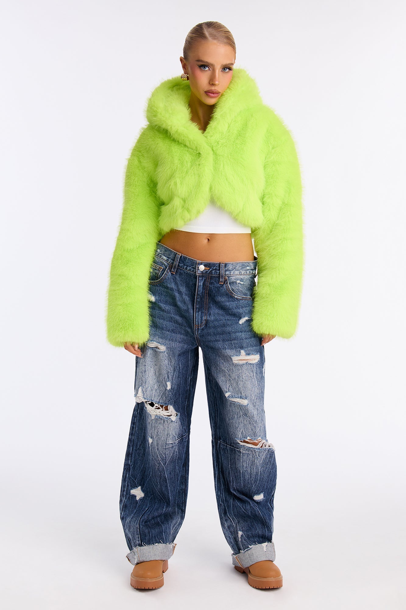 All You Need Cropped Faux Fur Coat - Lime
