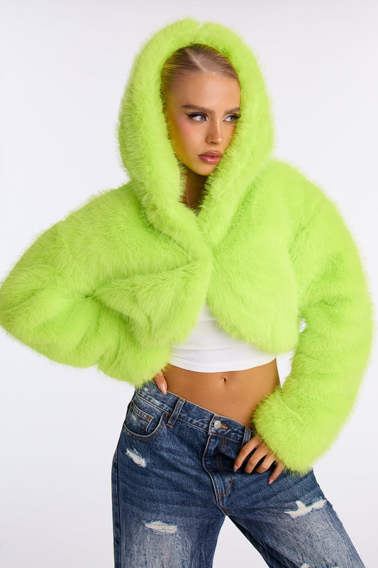 All You Need Cropped Faux Fur Coat - Lime