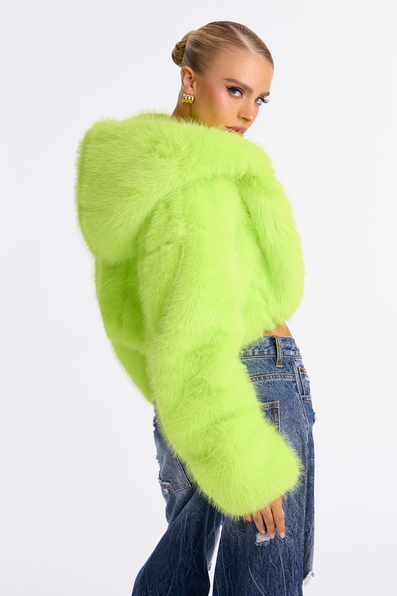 All You Need Cropped Faux Fur Coat - Lime