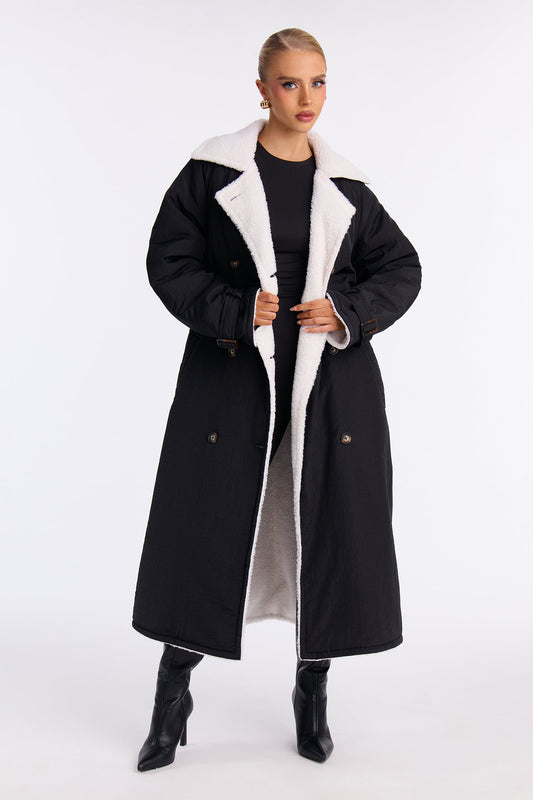 Mountain Escape Belted Sherpa Lined Trench Coat - Black