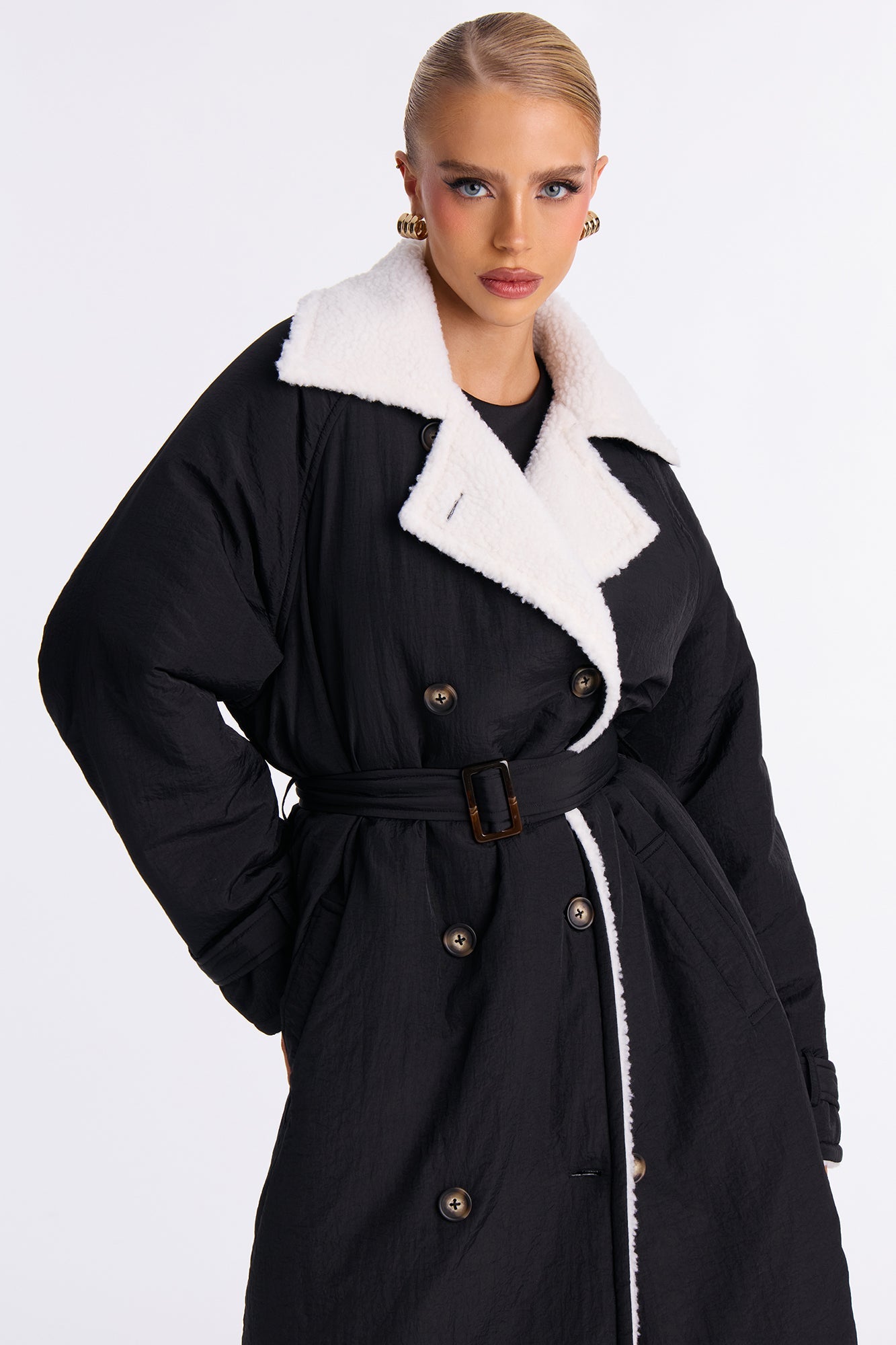 Mountain Escape Belted Sherpa Lined Trench Coat - Black