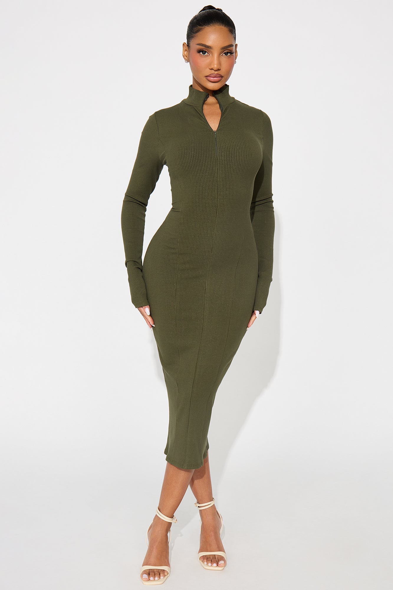 Mia Zip Long Sleeve Snatched Midi Dress - Olive