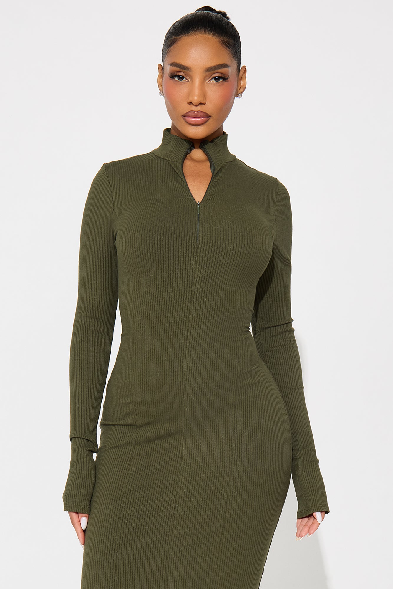 Mia Zip Long Sleeve Snatched Midi Dress - Olive