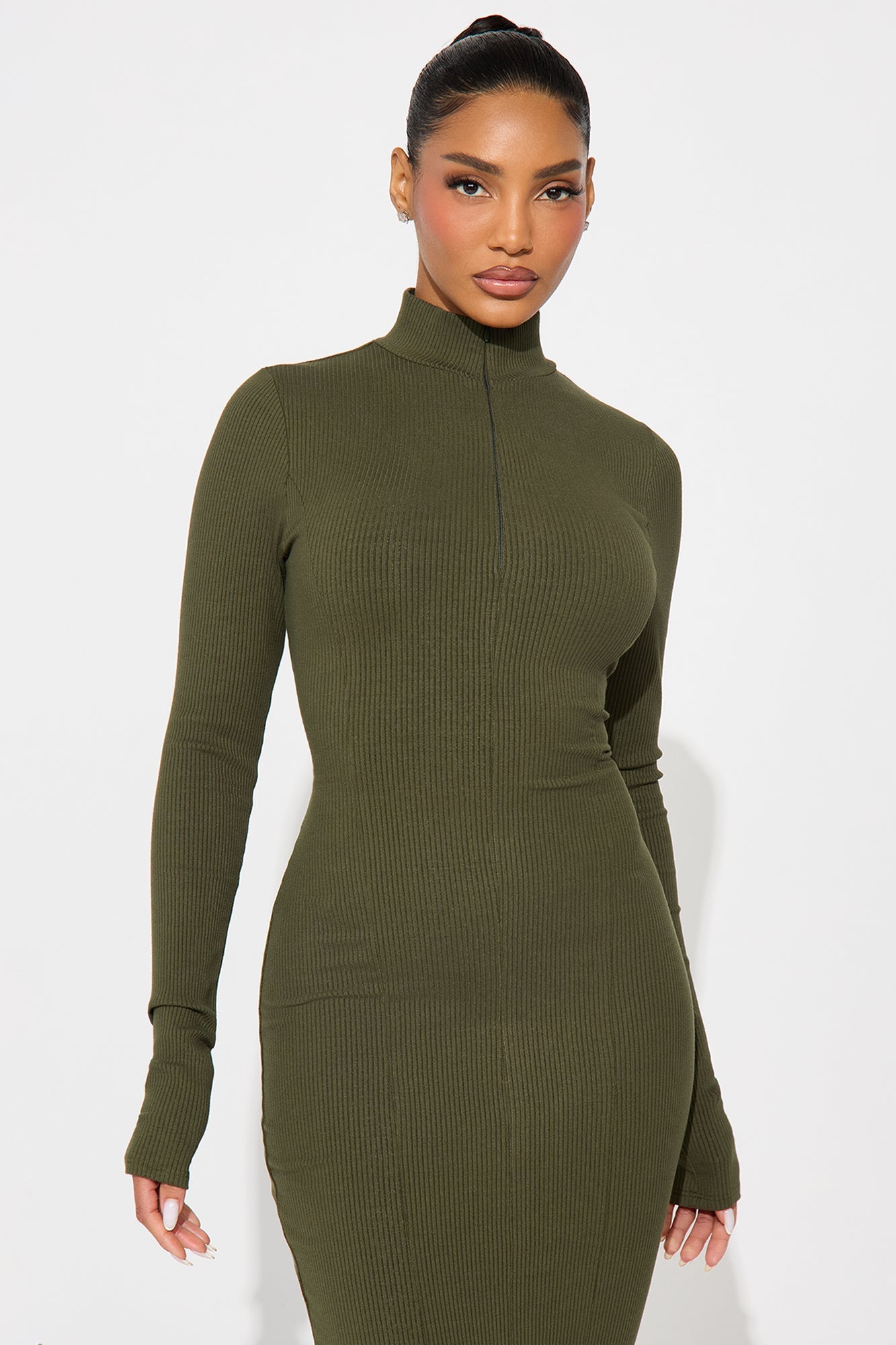Mia Zip Long Sleeve Snatched Midi Dress - Olive