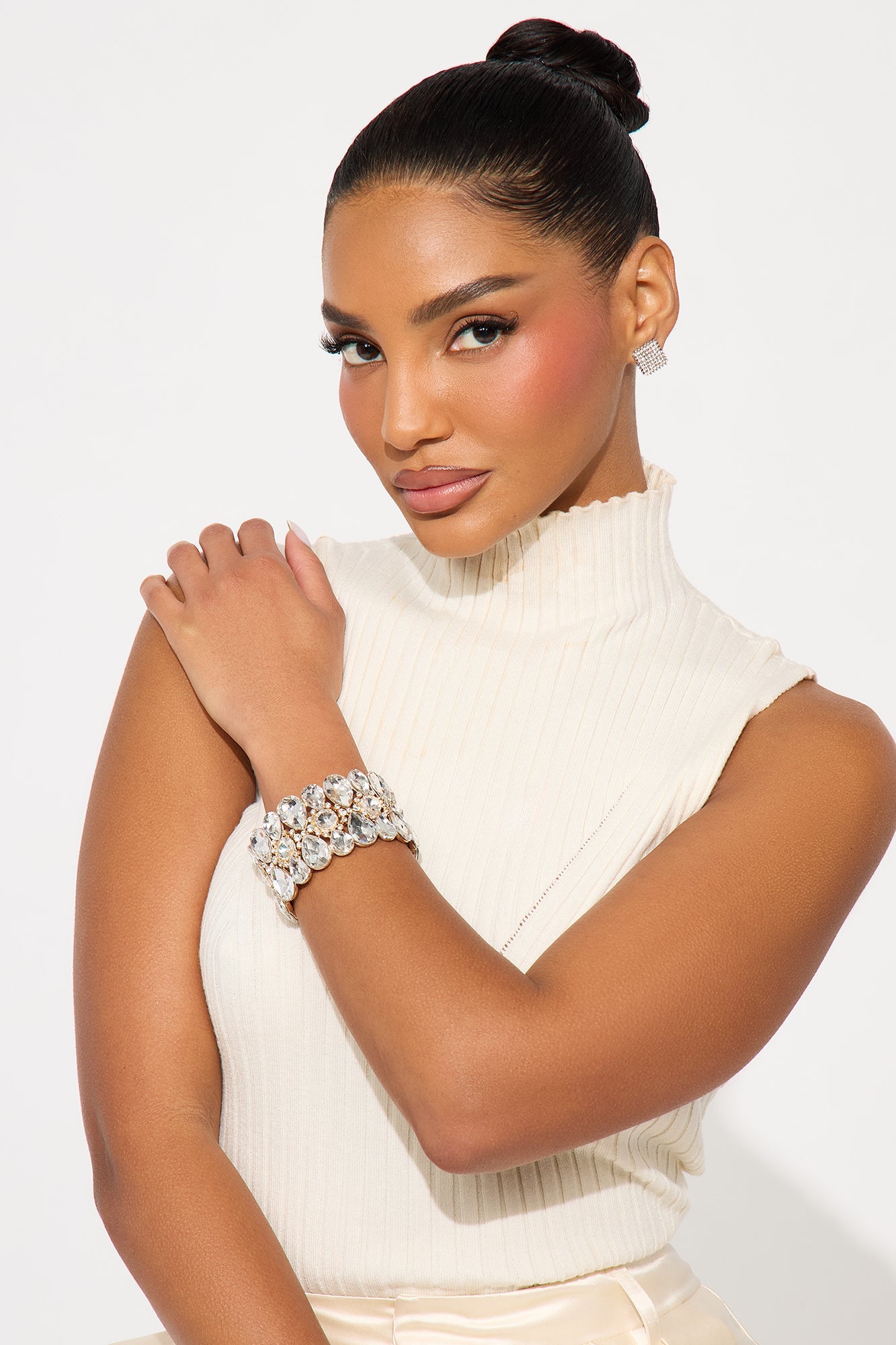Shine Setter Rhinestone Stretch Cuff Bracelet - Gold