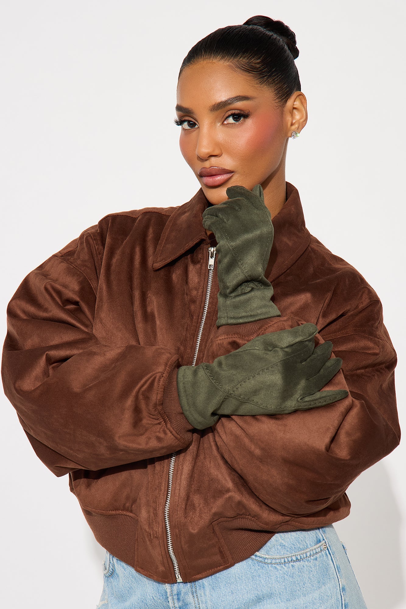 City Girl Faux Suede Gloves - Olive