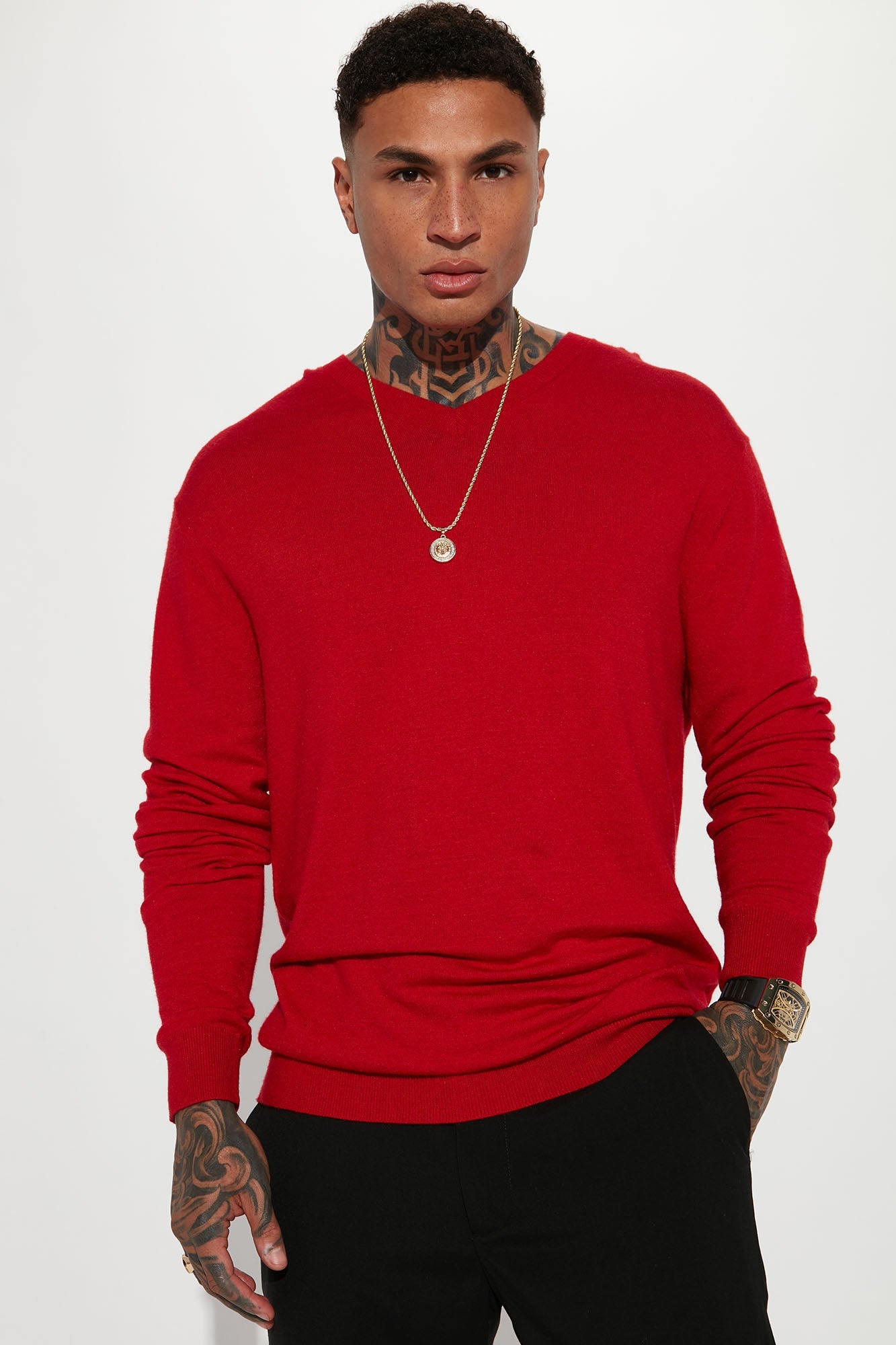 Viscose V Neck Sweater - Red