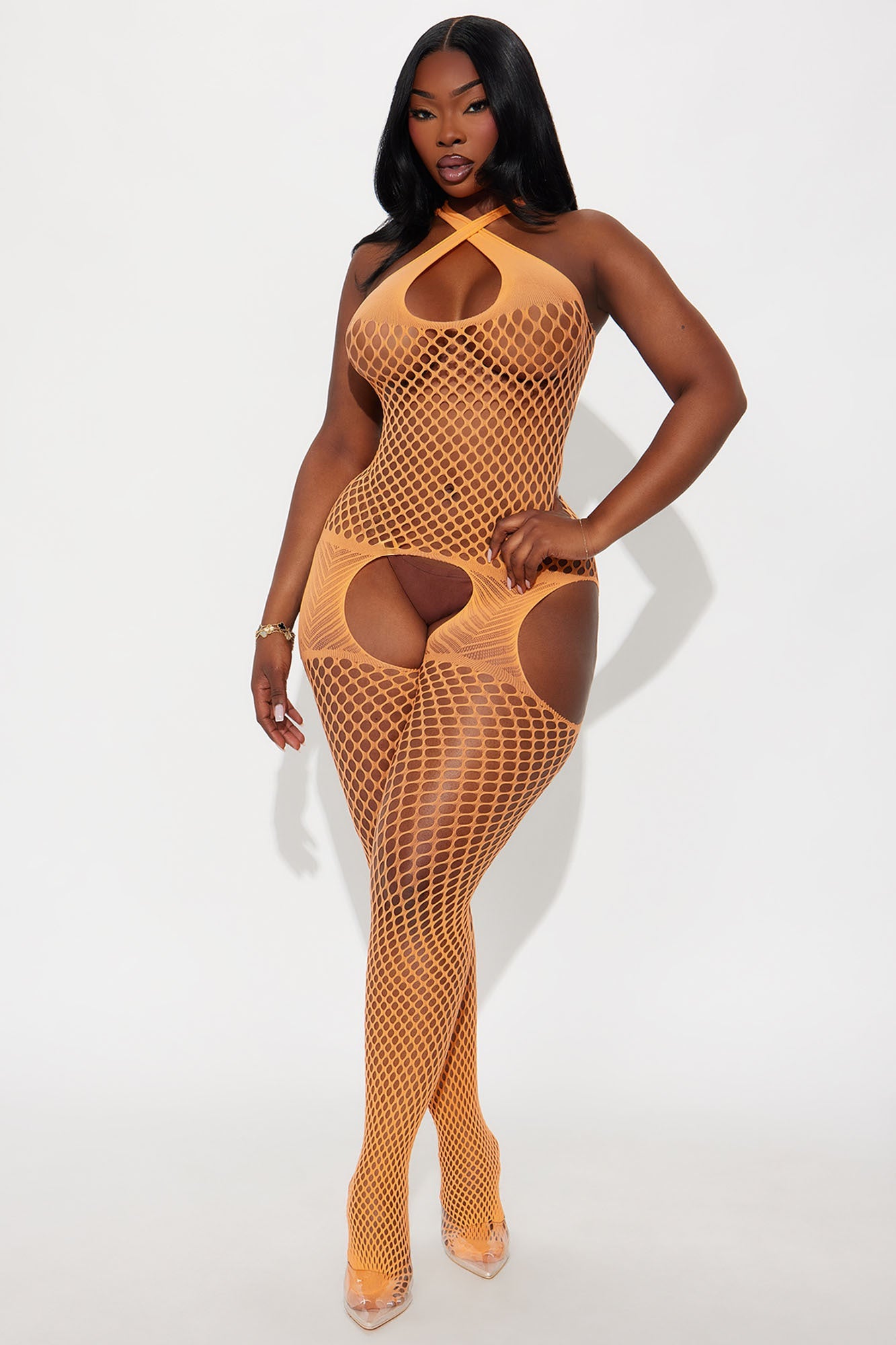 High Strung Fishnet Crotchless Jumpsuit Bodystocking - Orange