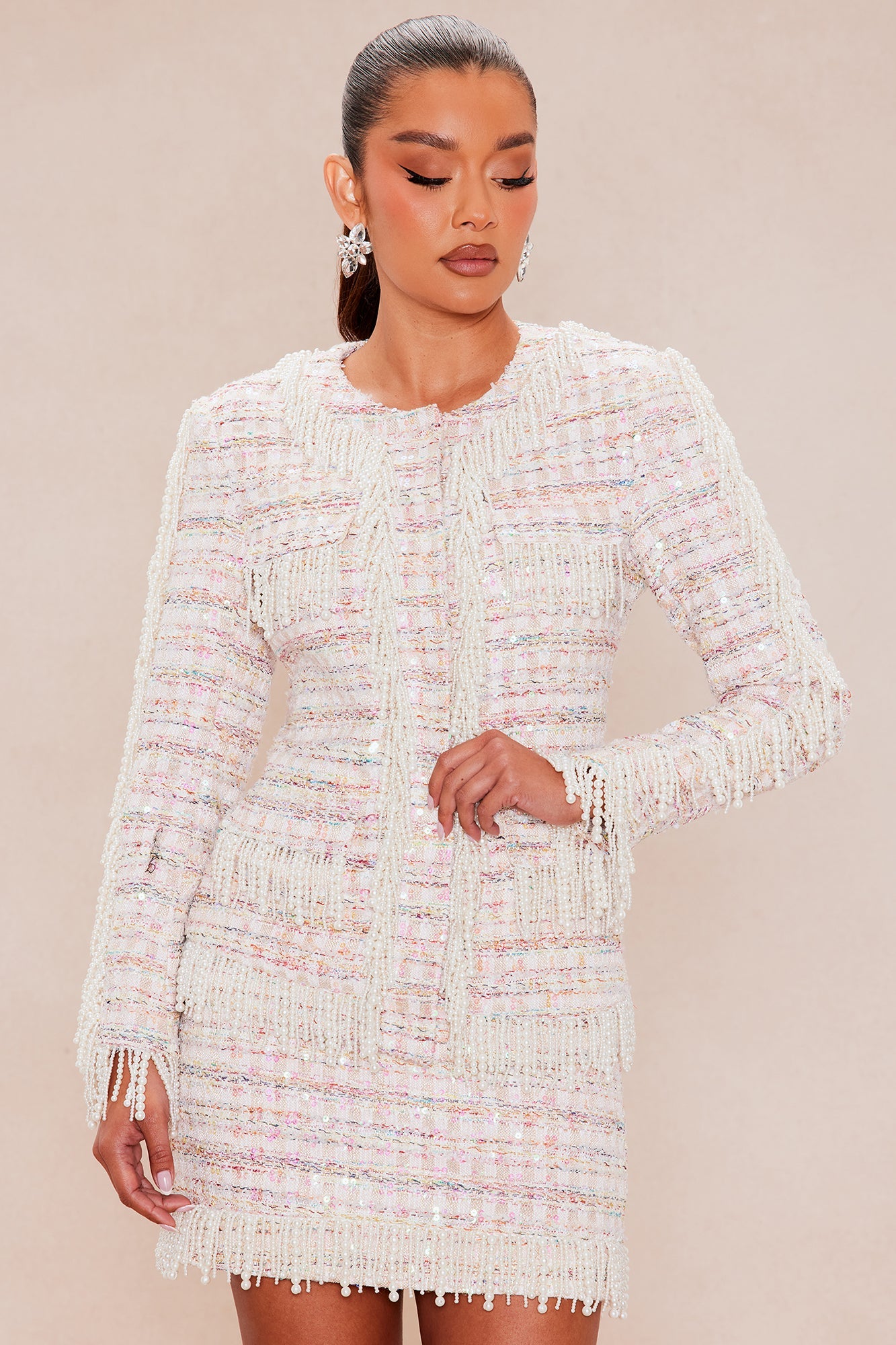 Dripping In Pearls Tweed Skirt Set - Pink/combo