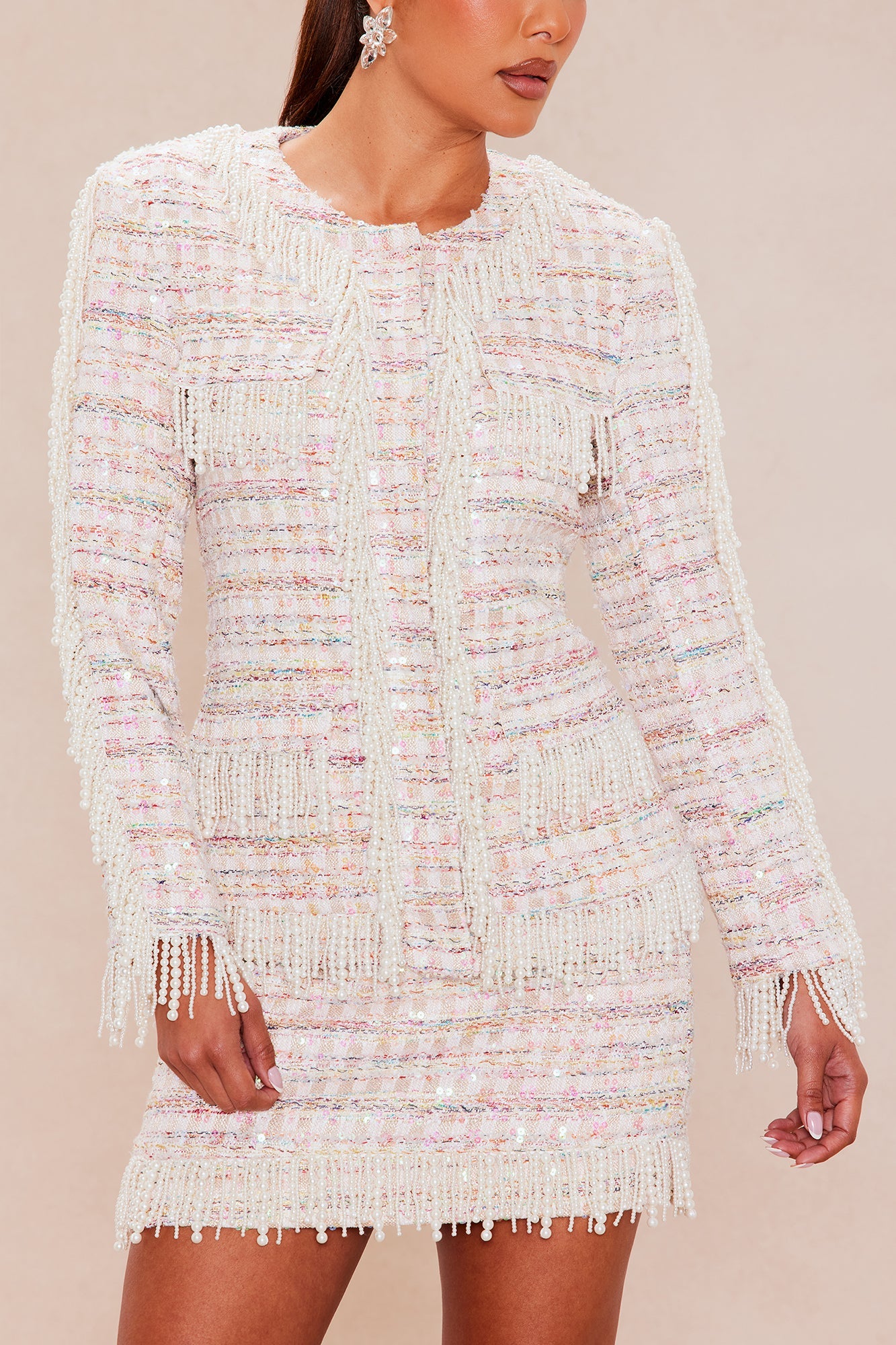 Dripping In Pearls Tweed Skirt Set - Pink/combo