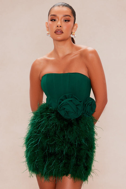 Raylene Feathered Mini Dress - Hunter