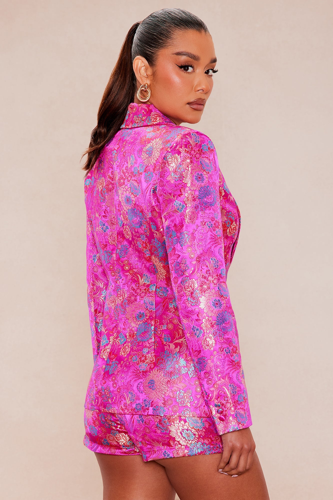 Sofia Satin Floral Short Suit Set - Fuchsia