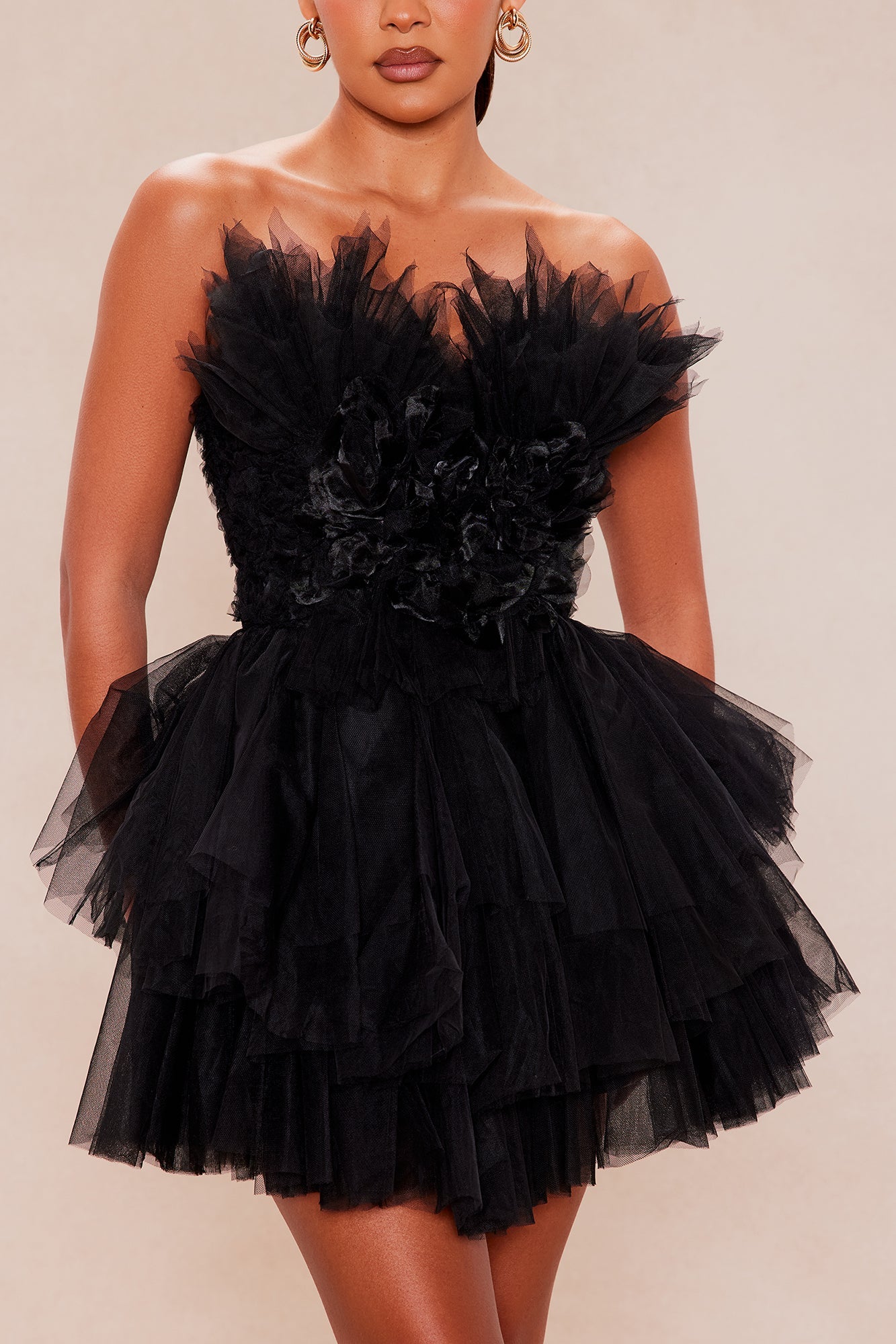 Delilah Tiered Tulle Mini Dress - Black