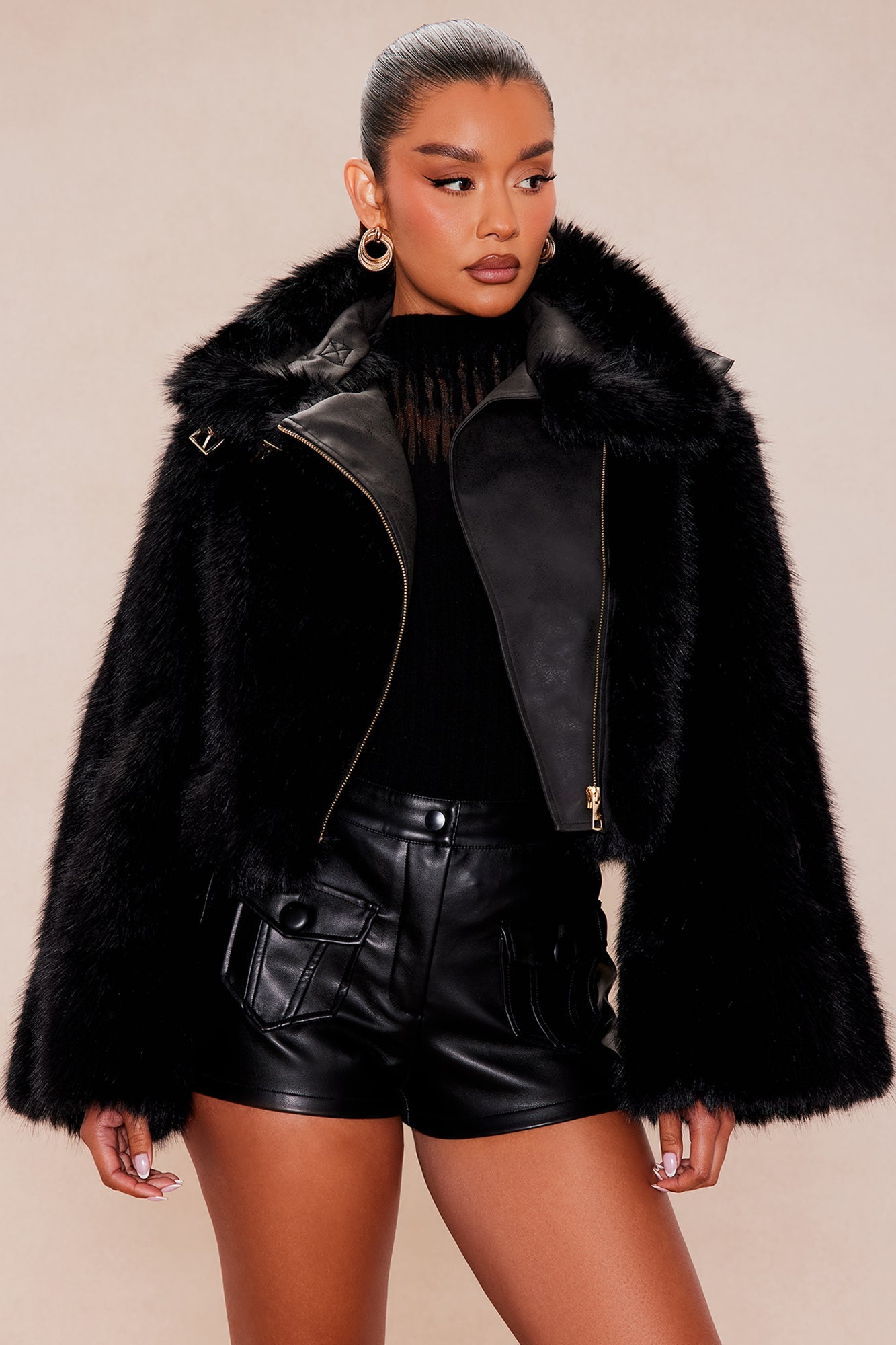 Rue Buckle Cropped Faux Fur Jacket - Black