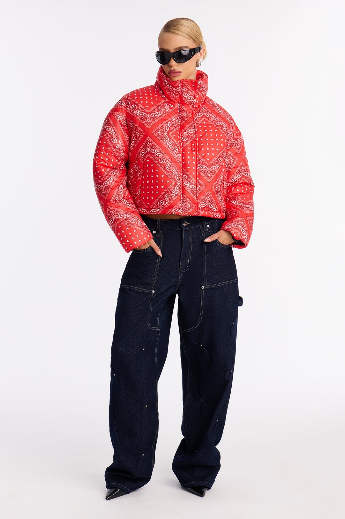 Vibe Check Cropped Paisley Puffer Jacket - Red