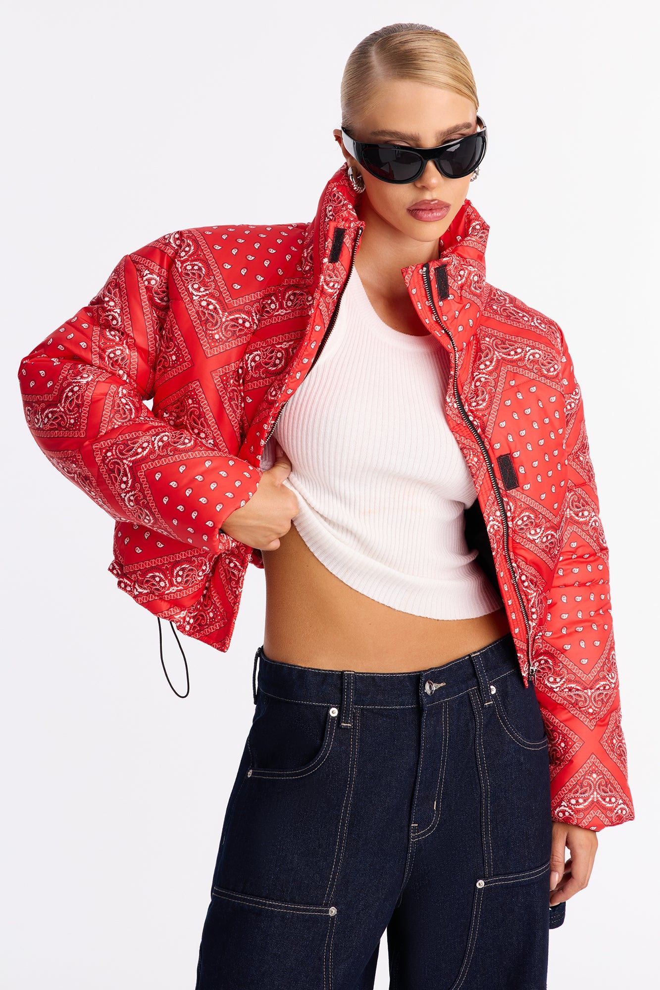Vibe Check Cropped Paisley Puffer Jacket - Red