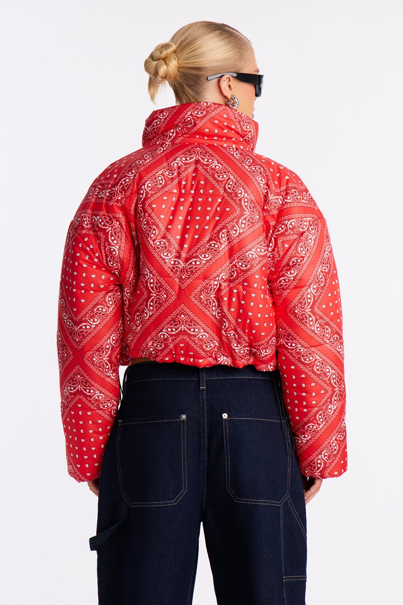 Vibe Check Cropped Paisley Puffer Jacket - Red