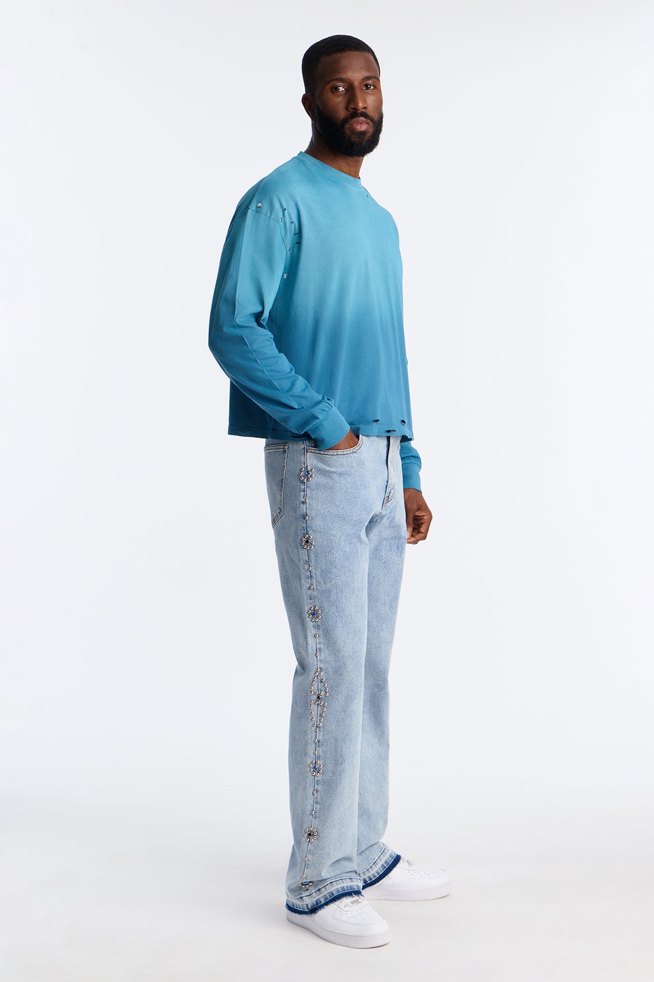 Western Studded Stacked Slim Flare Jeans - Light Wash