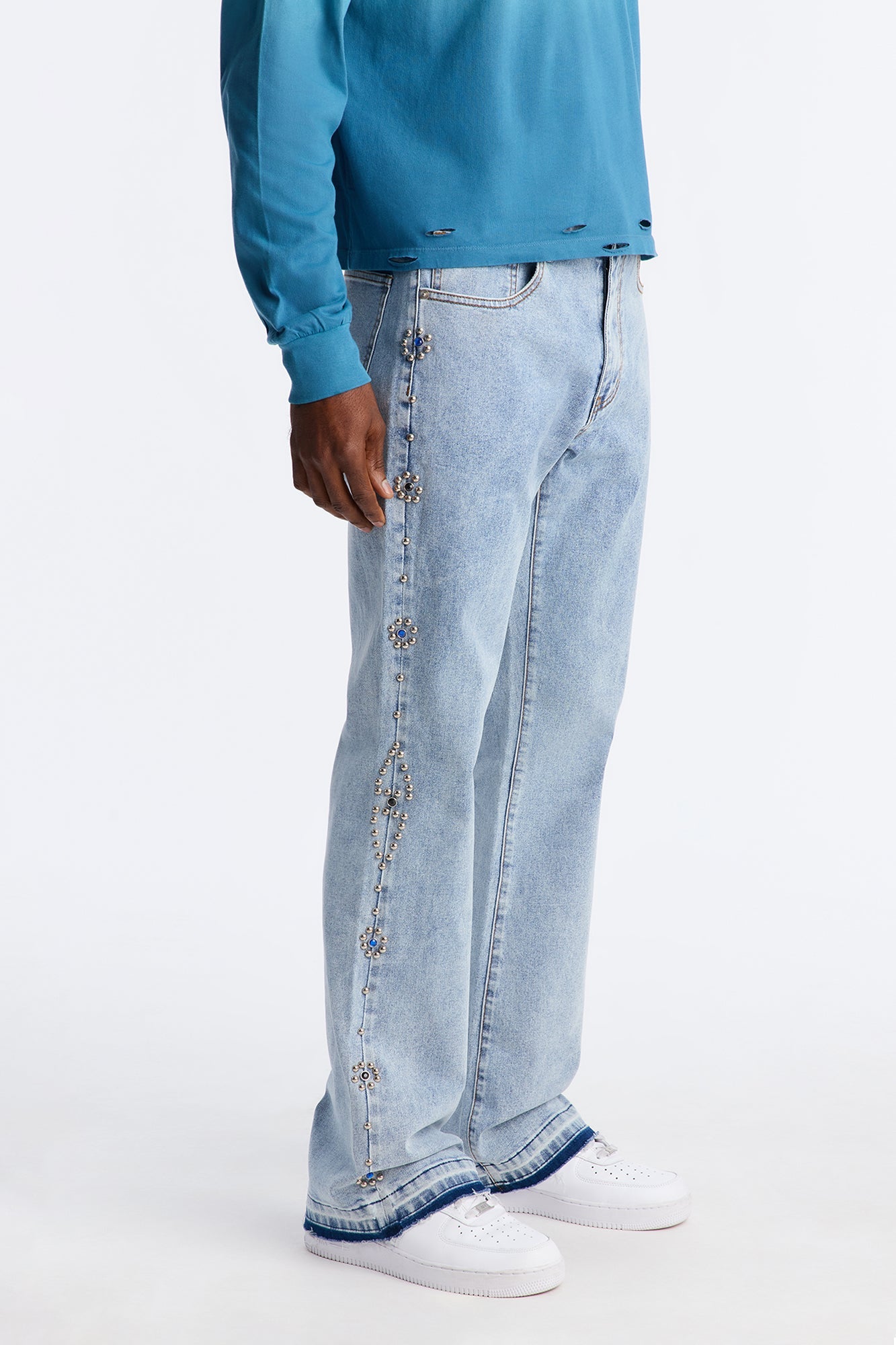 Western Studded Stacked Slim Flare Jeans - Light Wash