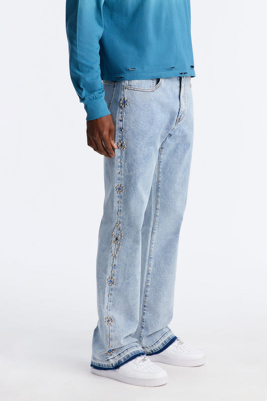 Western Studded Stacked Slim Flare Jeans - Light Wash