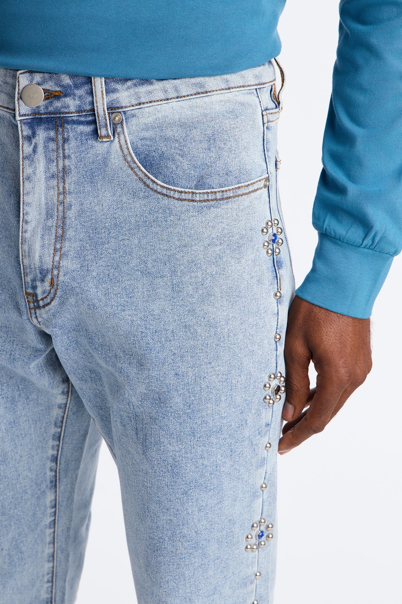 Western Studded Stacked Slim Flare Jeans - Light Wash