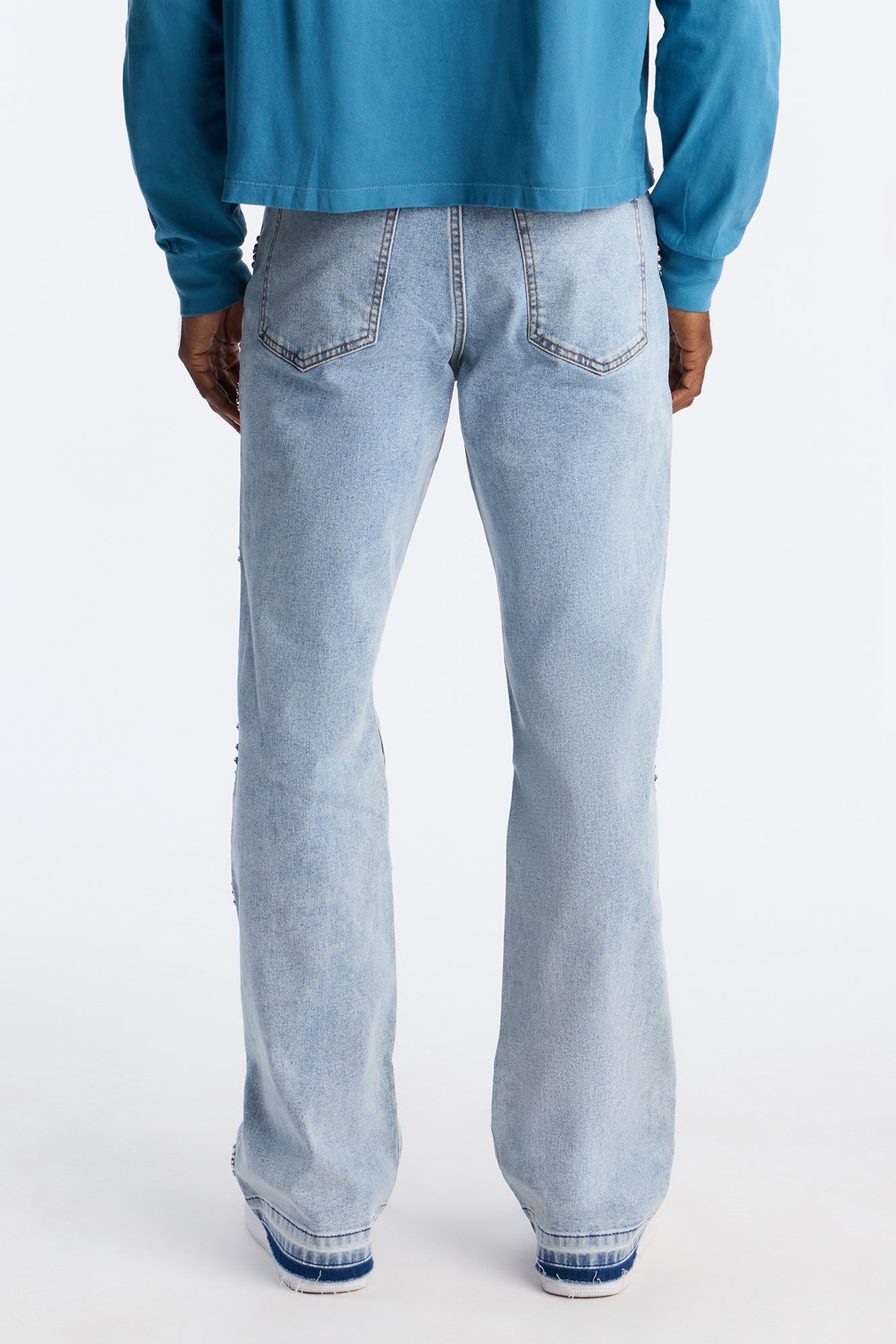 Western Studded Stacked Slim Flare Jeans - Light Wash