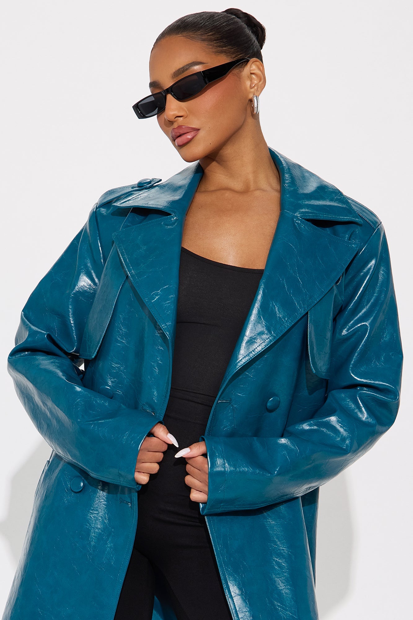 Mya Faux Leather Trench Coat - Blue