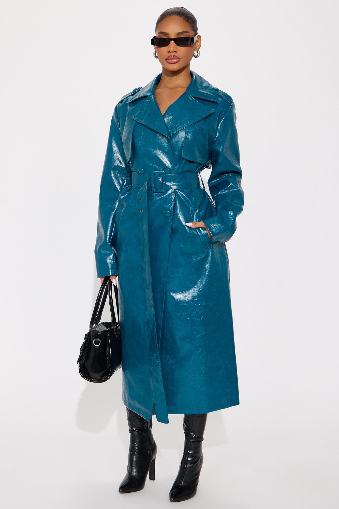 Mya Faux Leather Trench Coat - Blue