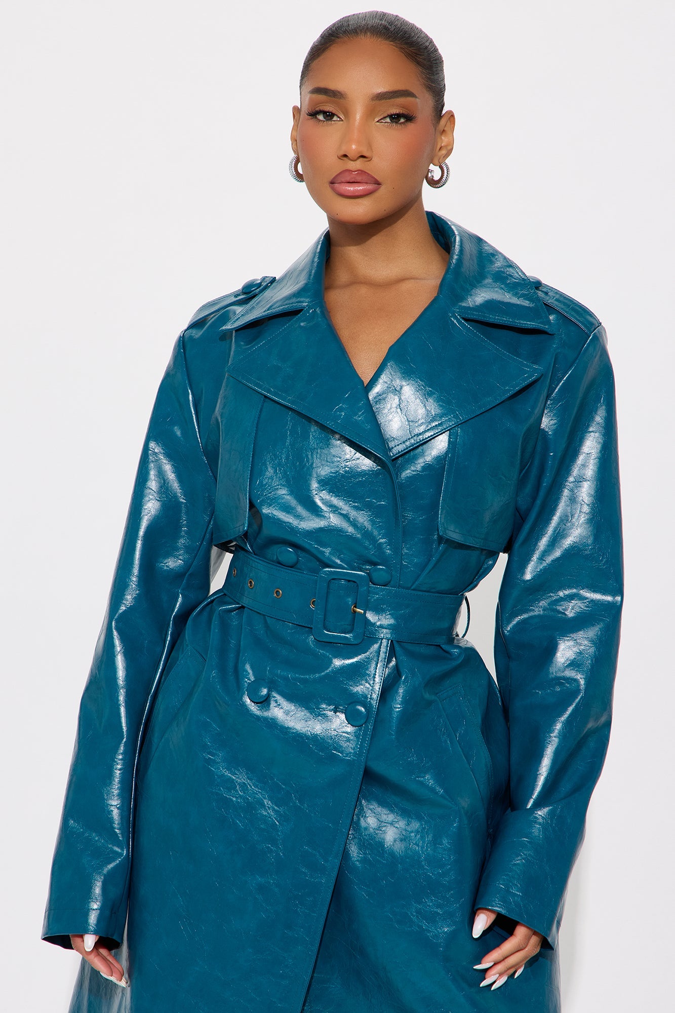 Mya Faux Leather Trench Coat - Blue