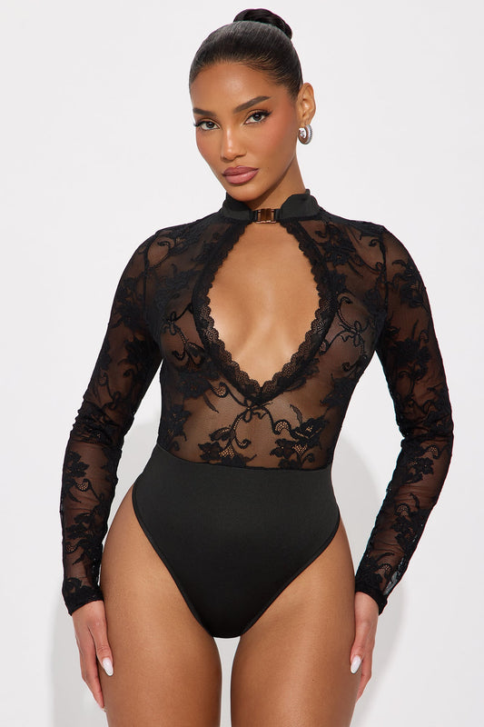 Lace Me Up Long Sleeve Hardware Bodystocking - Black
