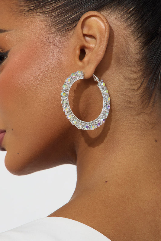 Places To Be Rhinestone Hoop Earrings - Silver