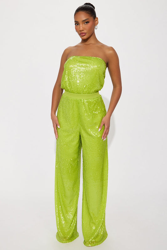 Shiny Nights Sequin Strapless Jumpsuit - Lime