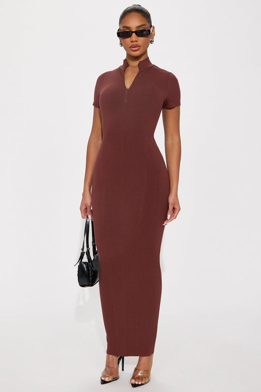 Mia Zip Snatched Maxi Dress - Brown