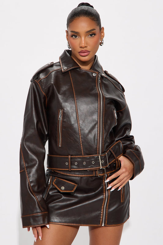 Upgrade You Washed Faux Leather Moto Jacket - Brown