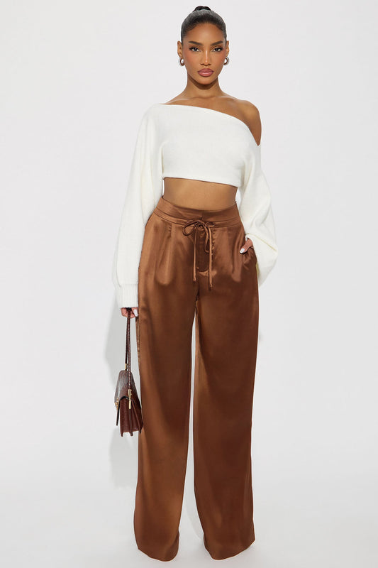 Avani Wide Leg Satin Pant 33 - Brown
