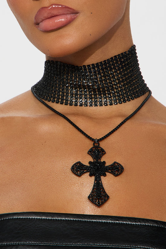 Good Intentions Cross Choker Necklace - Black