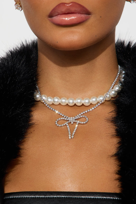 Pretty Little Bow Layered Necklace - Silver