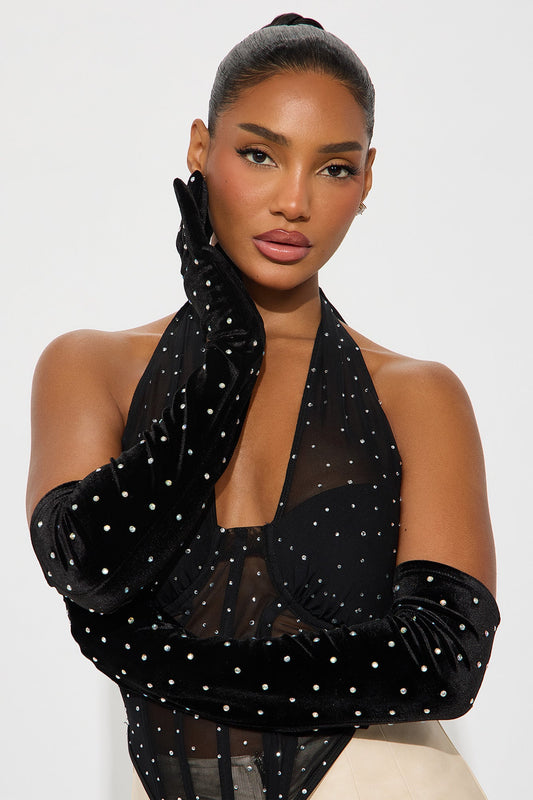 All The Glitz Rhinestone Gloves - Black