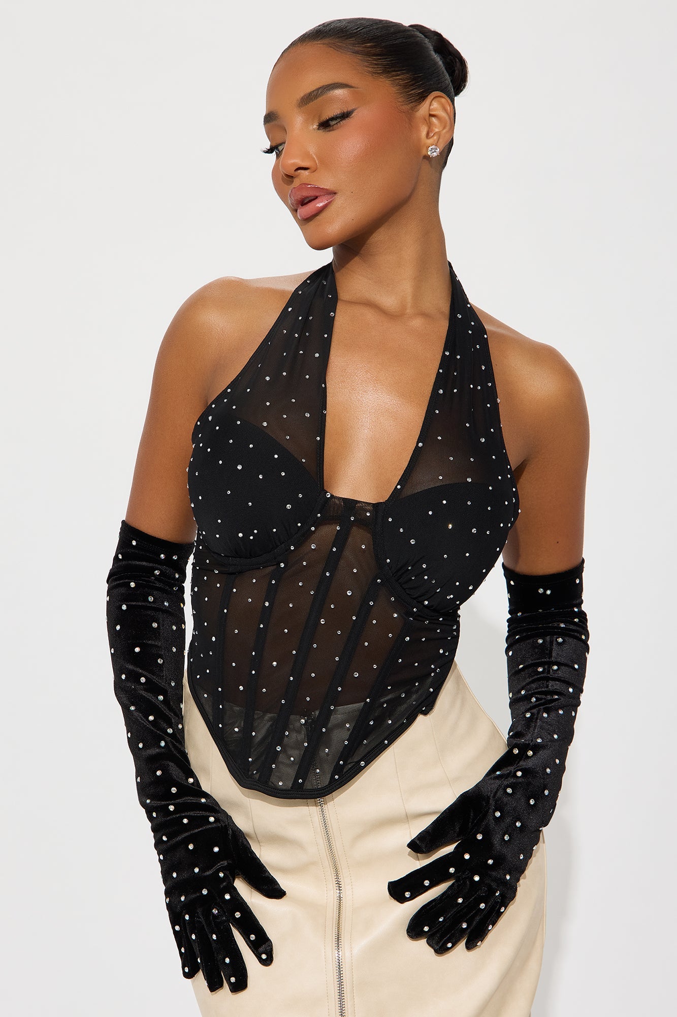 All The Glitz Rhinestone Gloves - Black