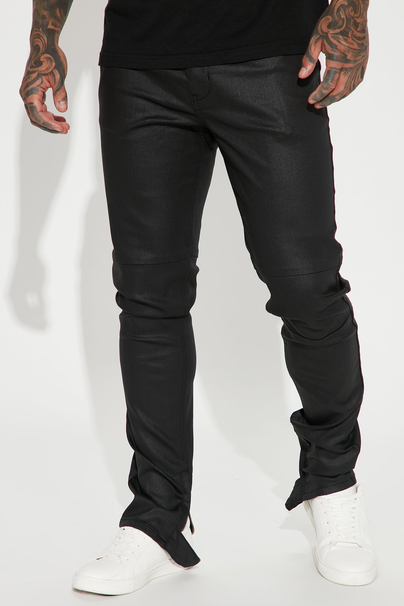On The Line Waxed Stacked Skinny Jeans - Black