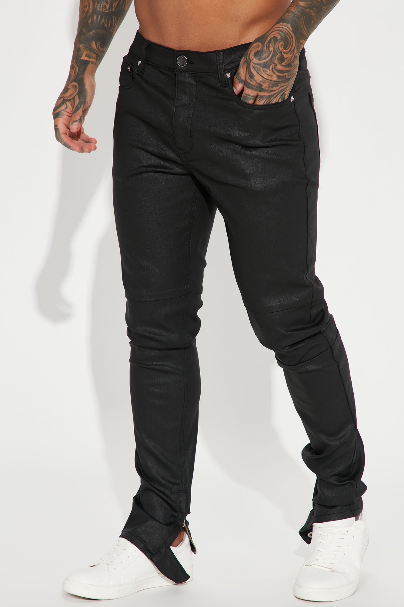 On The Line Waxed Stacked Skinny Jeans - Black