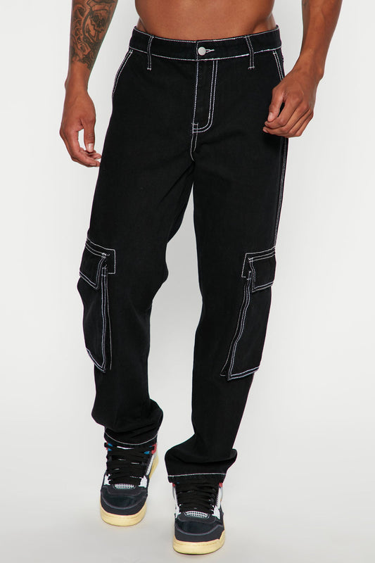 Contrast Lining Carpenter Straight Jeans - Black