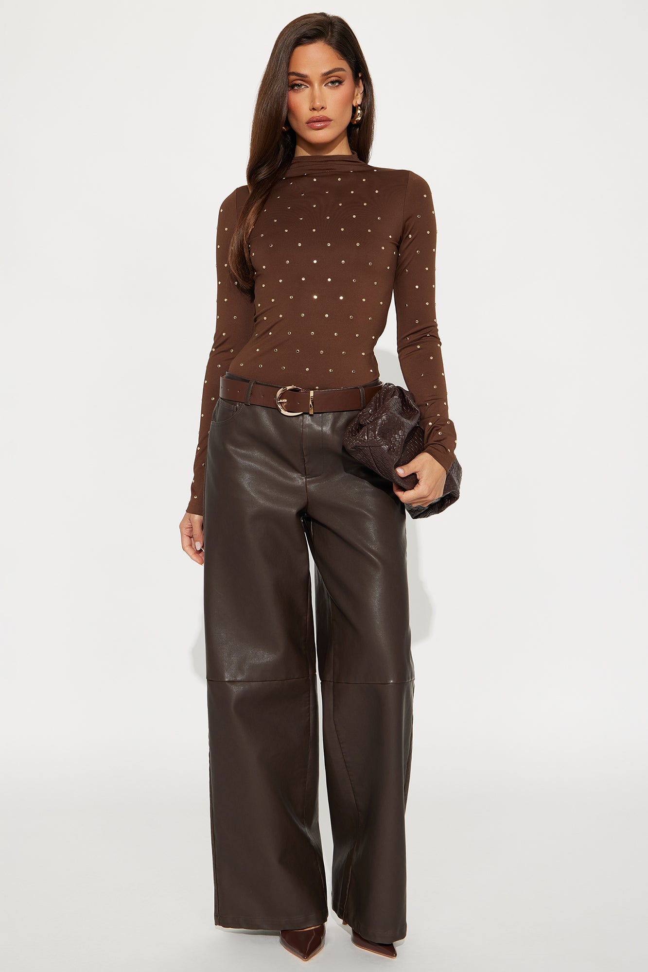 Elira Studded Long Sleeve Mock Neck Top - Brown