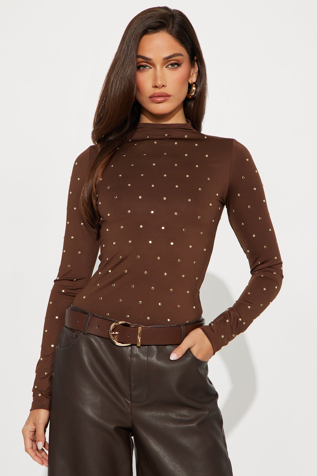 Elira Studded Long Sleeve Mock Neck Top - Brown