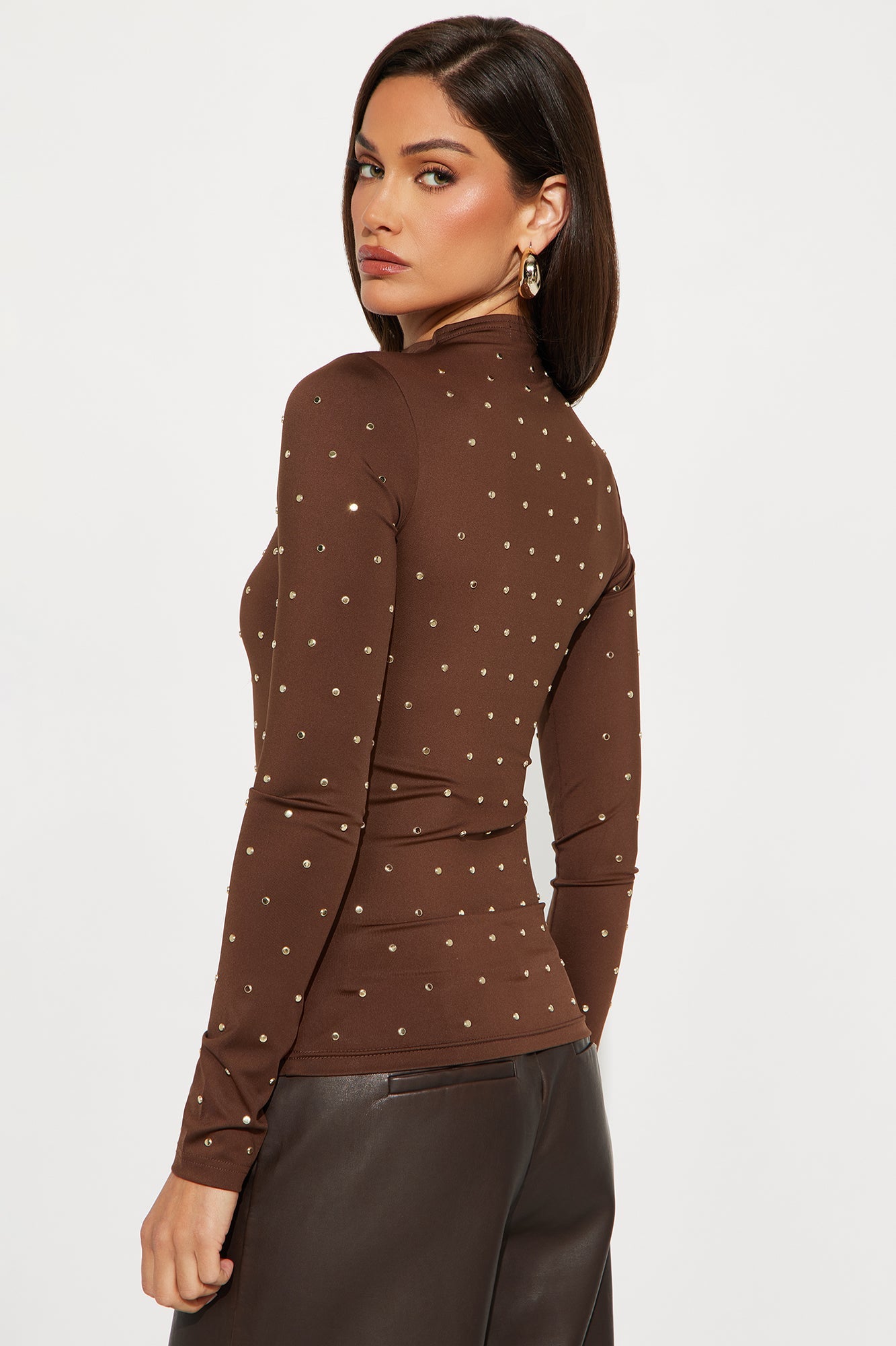 Elira Studded Long Sleeve Mock Neck Top - Brown