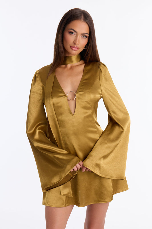 Jasmine Bell Sleeve Satin Mini Dress - Gold
