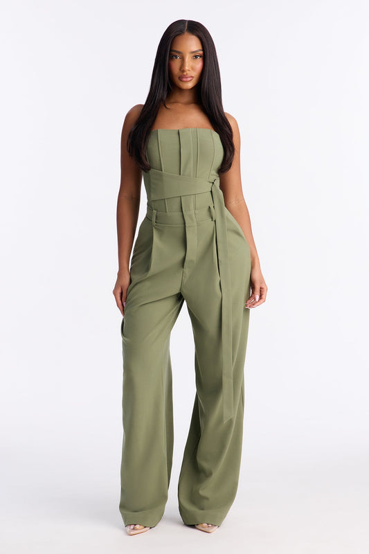 Late For Work Wide Leg Jumpsuit - Olive