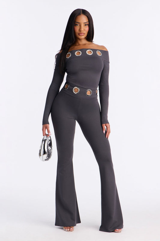 Aria Grommet Off Shoulder Pant Set - Charcoal