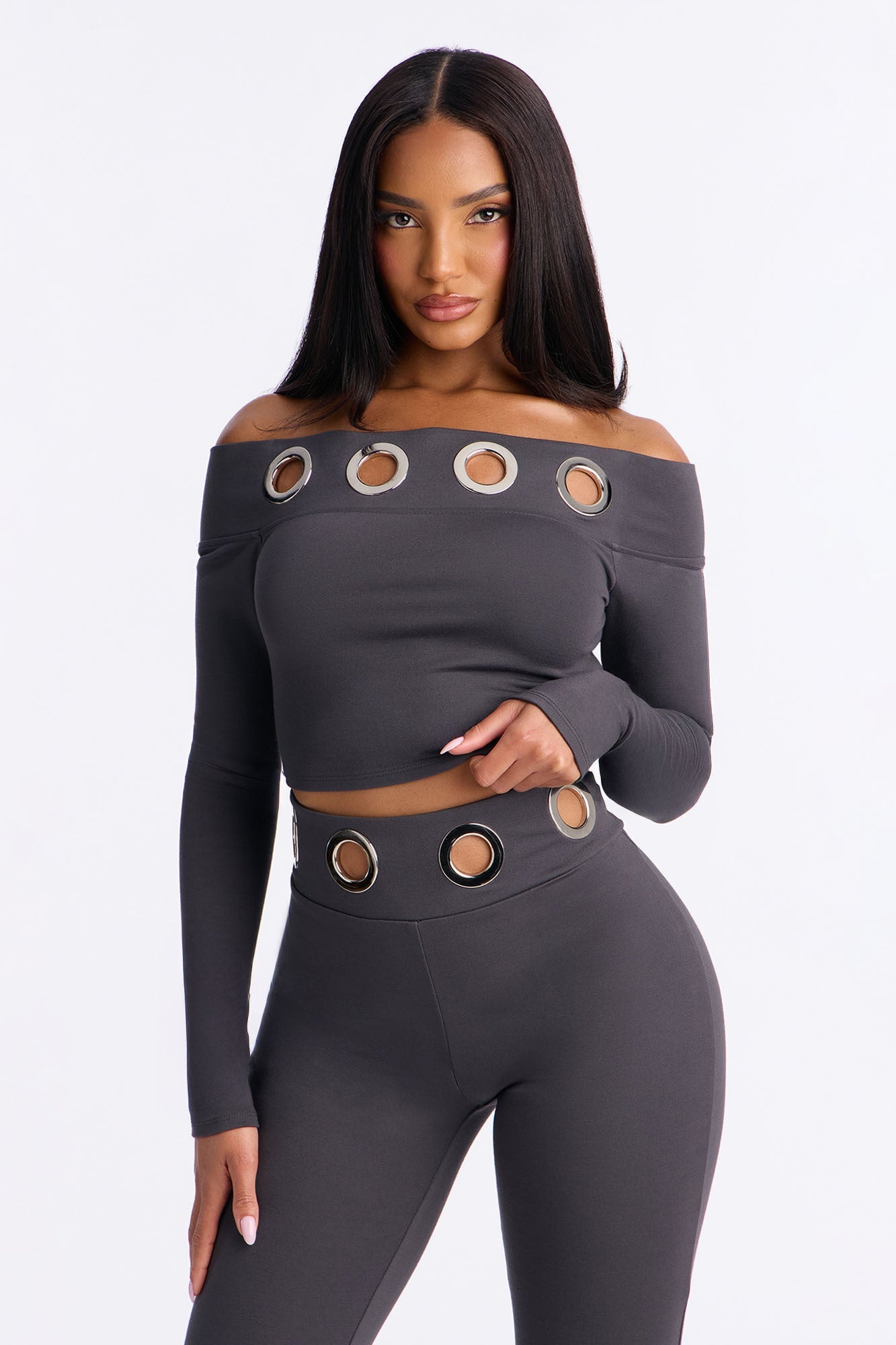 Aria Grommet Off Shoulder Pant Set - Charcoal