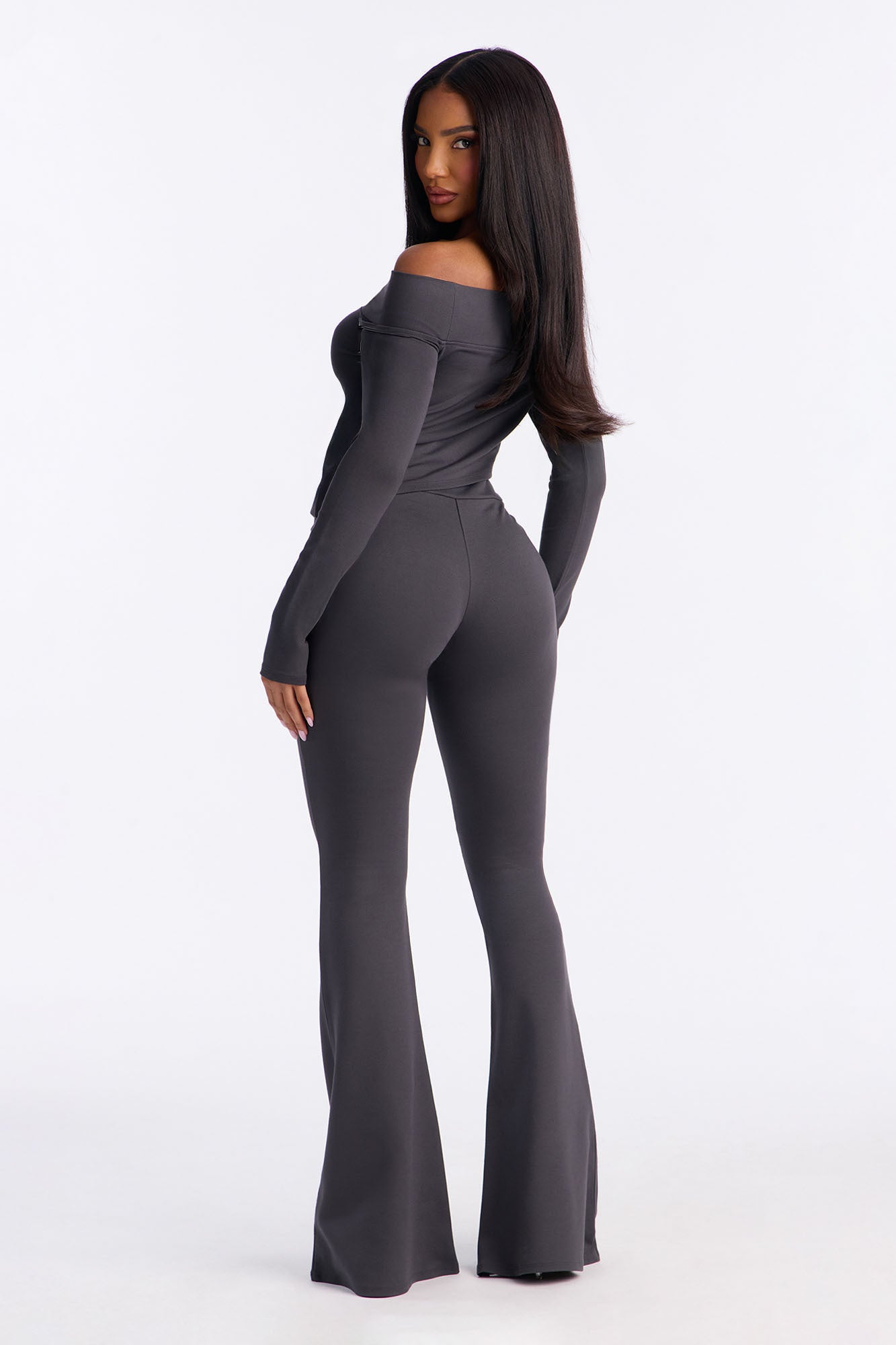 Aria Grommet Off Shoulder Pant Set - Charcoal